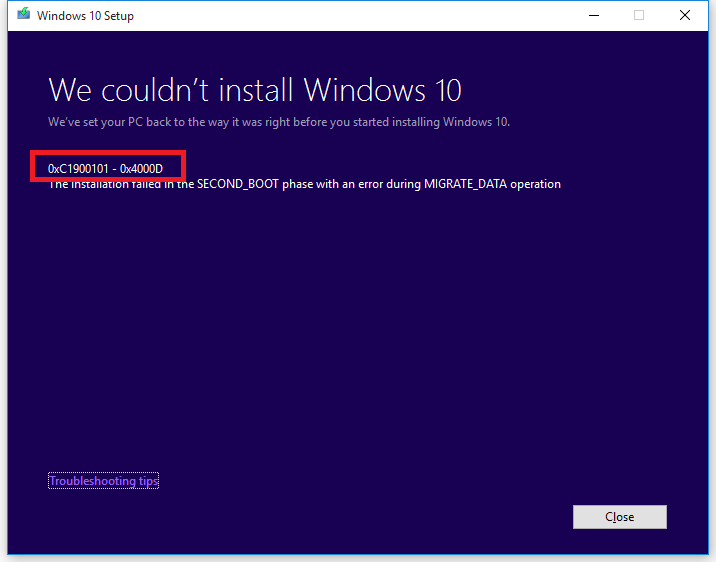 Error 0xc1900101-0x4000d for Windows 10/11 Creators Update