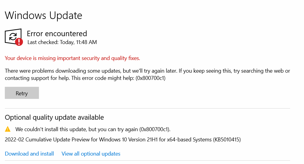 Solutions for Windows Update Error Code 0x800700c1