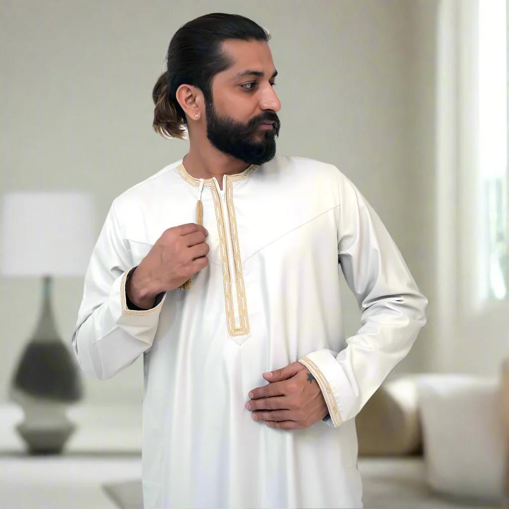 White and Gold Embroidery Omani Thobe – Culture in Every Stitch